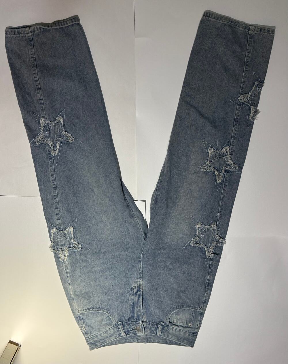 Y2K Baggy Star Patchwork Jeans Distressed Frayed Star Patch Wide Leg
